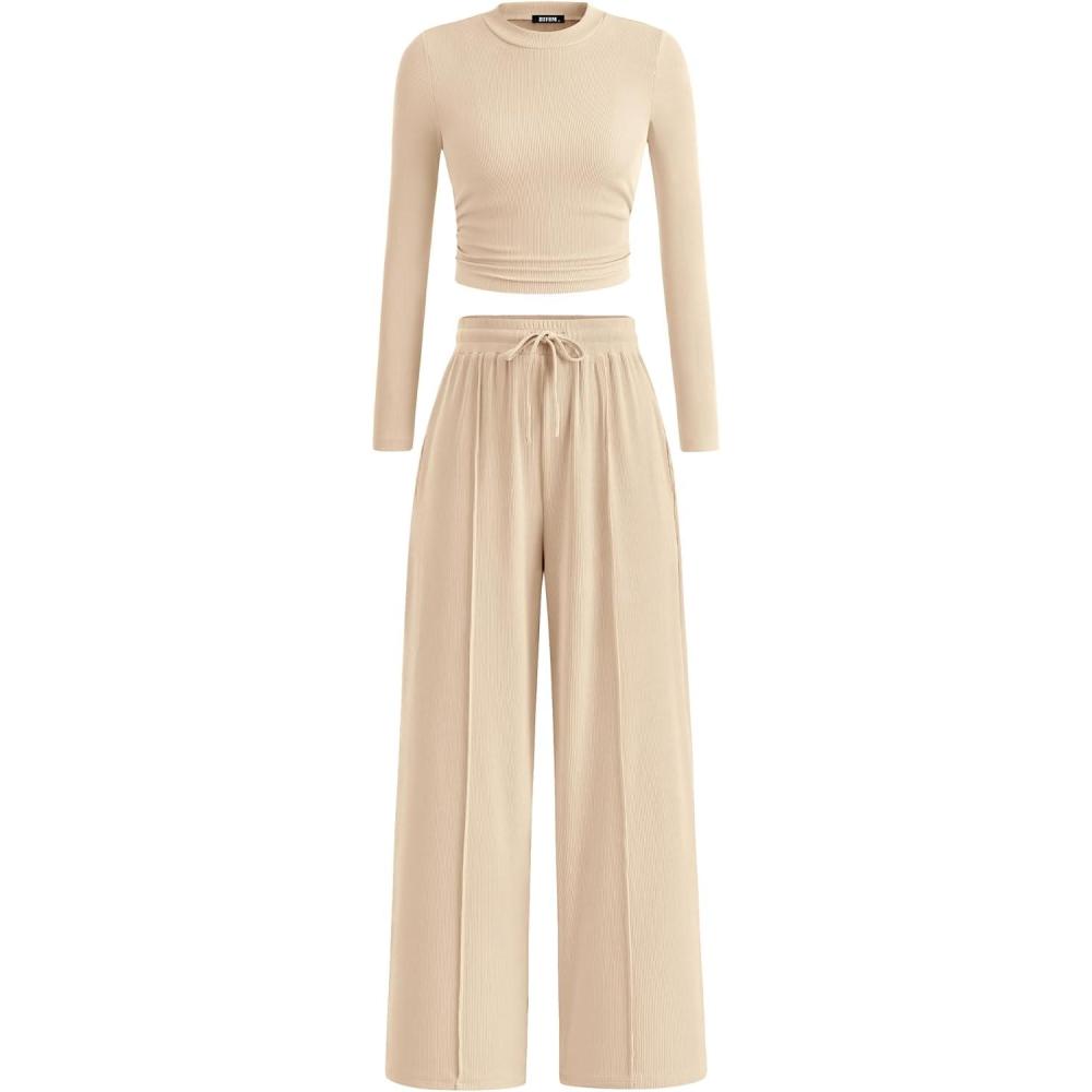 imageBTFBM Casual 2 Piece Sets For Women Fall Outfits 2025 Ribbed Spring Long Sleeve Crop Top Wide Leg Pants Matching Lounge SetBeige