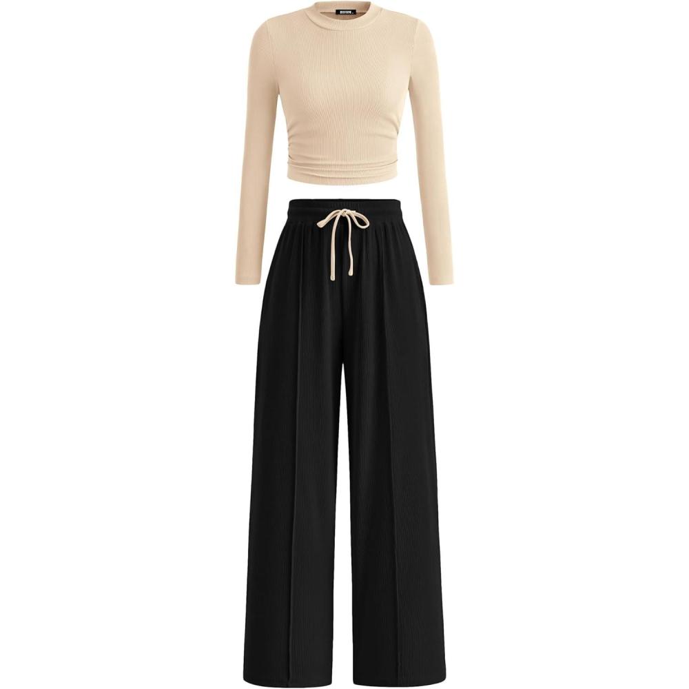 imageBTFBM Casual 2 Piece Sets For Women Fall Outfits 2025 Ribbed Spring Long Sleeve Crop Top Wide Leg Pants Matching Lounge SetBeige Black
