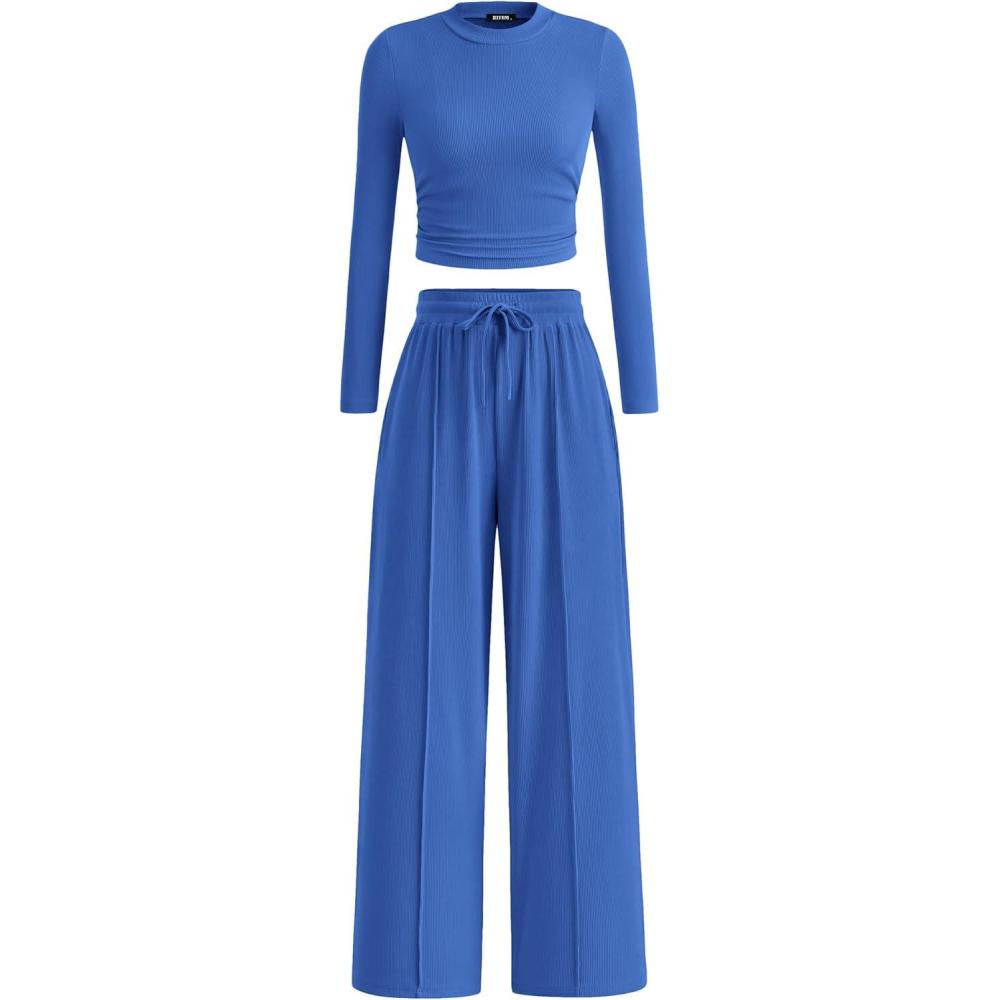 imageBTFBM Casual 2 Piece Sets For Women Fall Outfits 2025 Ribbed Spring Long Sleeve Crop Top Wide Leg Pants Matching Lounge SetBlue