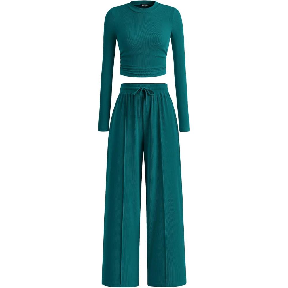 imageBTFBM Casual 2 Piece Sets For Women Fall Outfits 2025 Ribbed Spring Long Sleeve Crop Top Wide Leg Pants Matching Lounge SetBlue Green