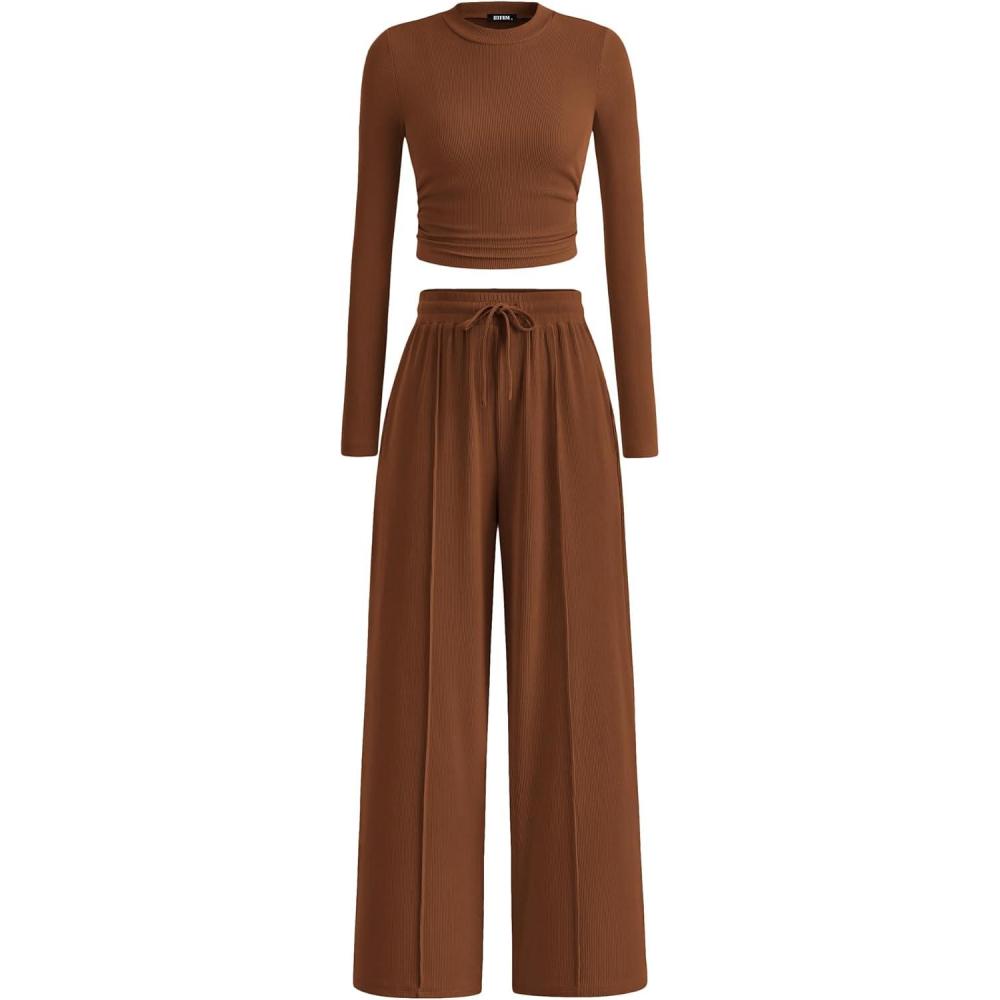 imageBTFBM Casual 2 Piece Sets For Women Fall Outfits 2025 Ribbed Spring Long Sleeve Crop Top Wide Leg Pants Matching Lounge SetBrown