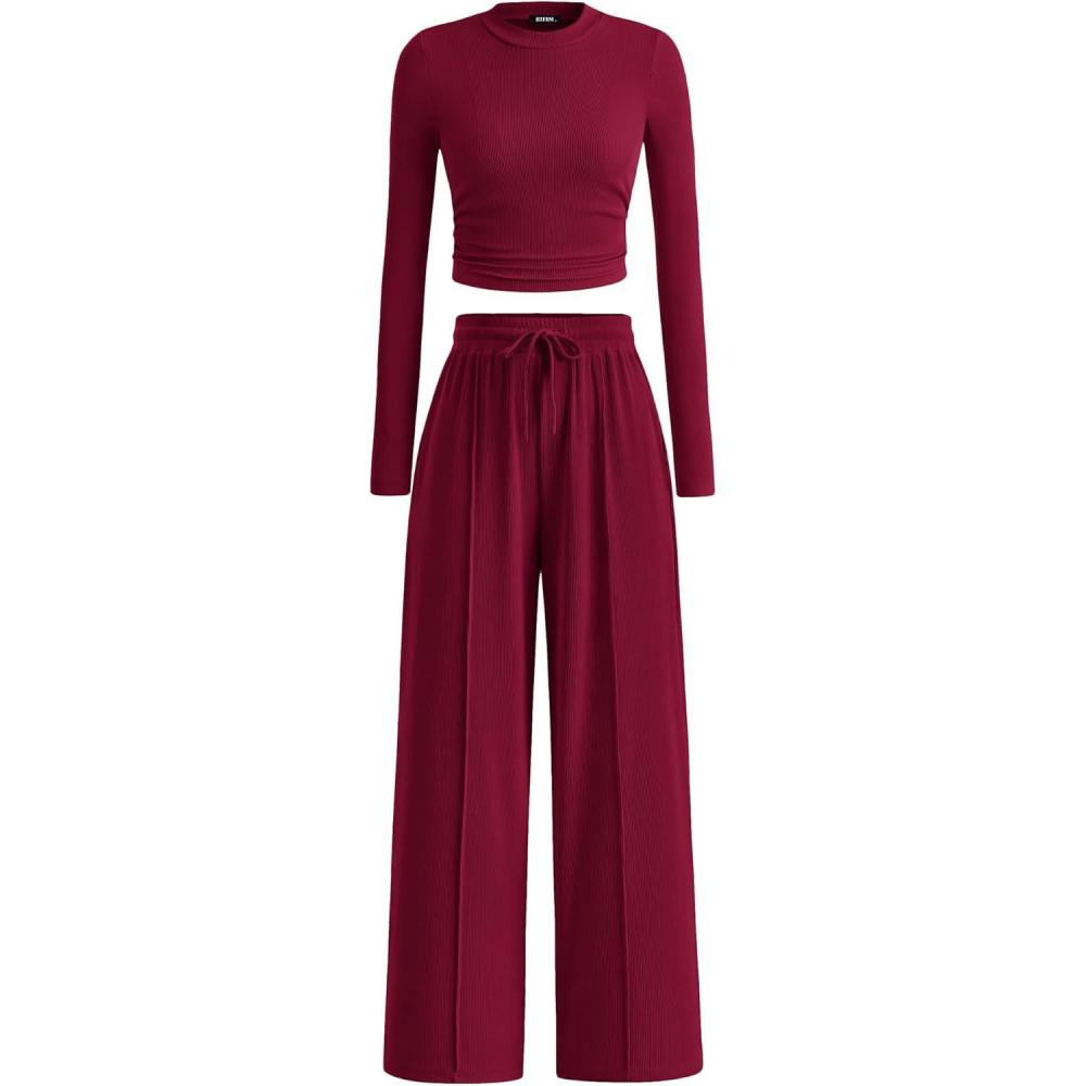 imageBTFBM Casual 2 Piece Sets For Women Fall Outfits 2025 Ribbed Spring Long Sleeve Crop Top Wide Leg Pants Matching Lounge SetBurgundy