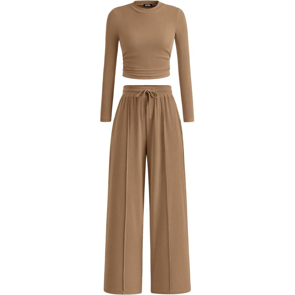 imageBTFBM Casual 2 Piece Sets For Women Fall Outfits 2025 Ribbed Spring Long Sleeve Crop Top Wide Leg Pants Matching Lounge SetCamel