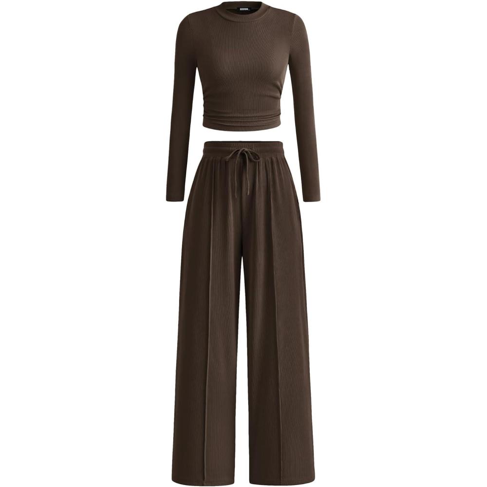 imageBTFBM Casual 2 Piece Sets For Women Fall Outfits 2025 Ribbed Spring Long Sleeve Crop Top Wide Leg Pants Matching Lounge SetCoffee