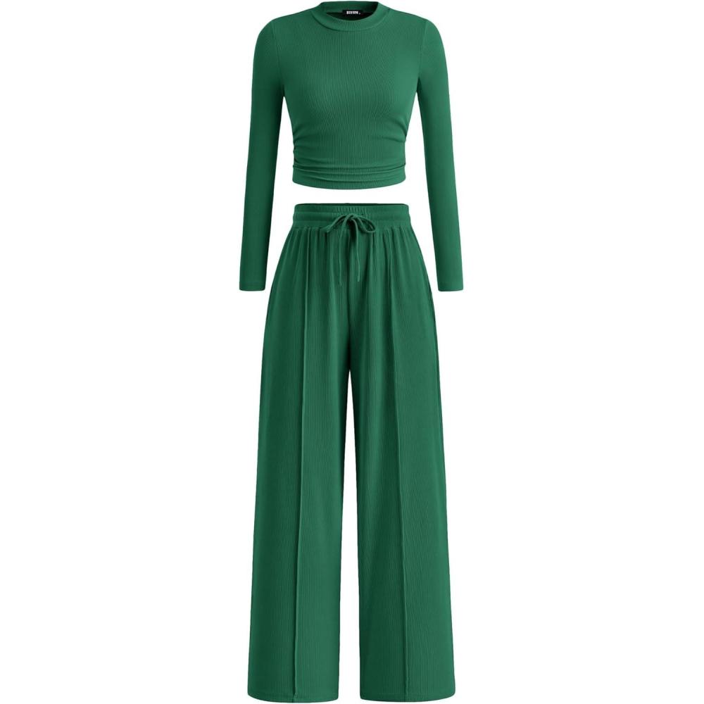 imageBTFBM Casual 2 Piece Sets For Women Fall Outfits 2025 Ribbed Spring Long Sleeve Crop Top Wide Leg Pants Matching Lounge SetDark Green