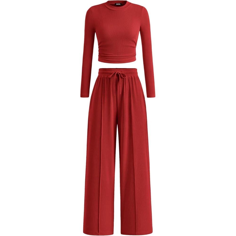 imageBTFBM Casual 2 Piece Sets For Women Fall Outfits 2025 Ribbed Spring Long Sleeve Crop Top Wide Leg Pants Matching Lounge SetFiery Red