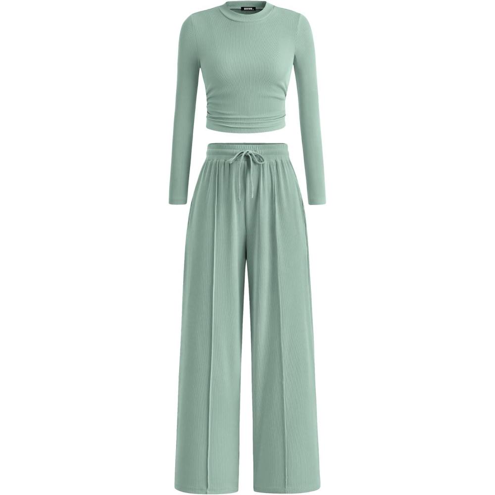 imageBTFBM Casual 2 Piece Sets For Women Fall Outfits 2025 Ribbed Spring Long Sleeve Crop Top Wide Leg Pants Matching Lounge SetFruit Green