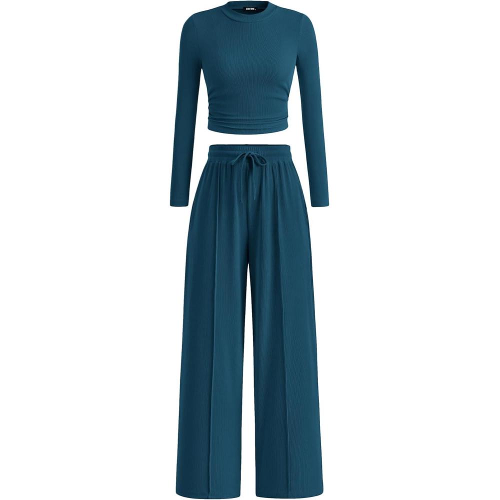 imageBTFBM Casual 2 Piece Sets For Women Fall Outfits 2025 Ribbed Spring Long Sleeve Crop Top Wide Leg Pants Matching Lounge SetLake Blue