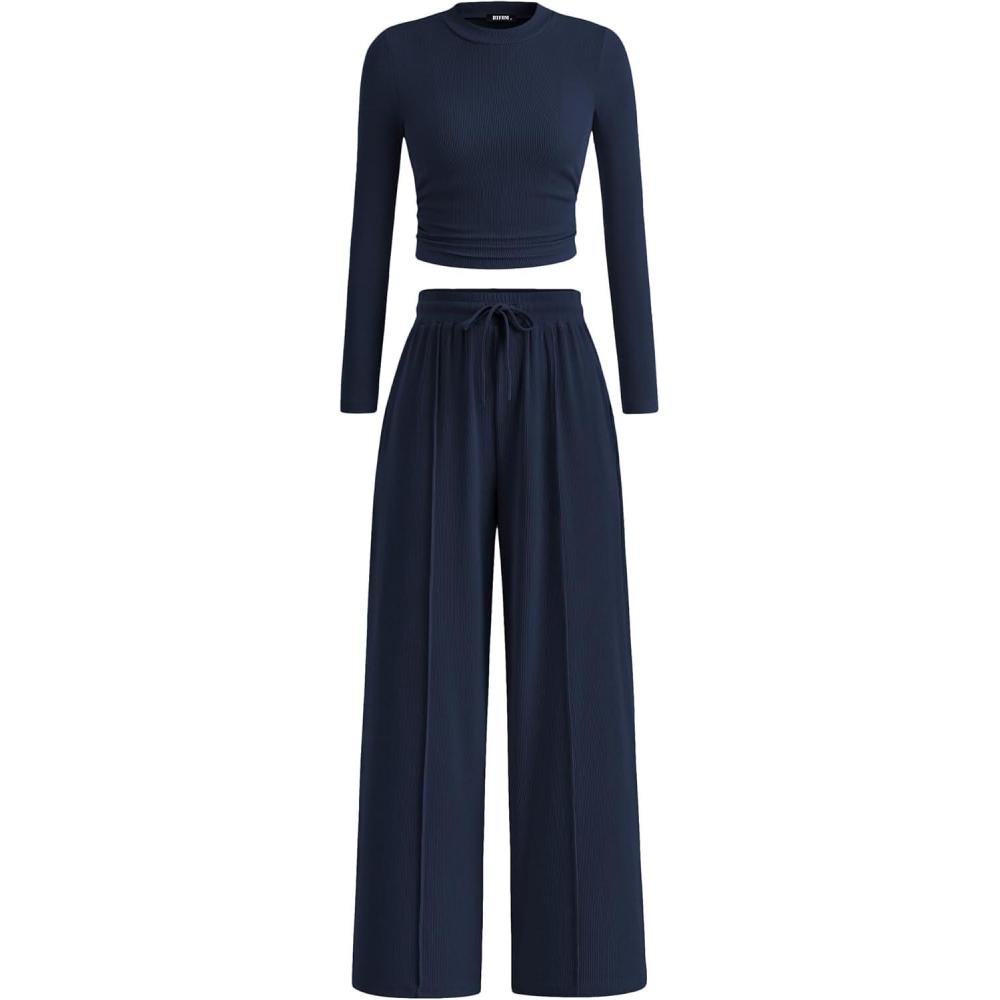 imageBTFBM Casual 2 Piece Sets For Women Fall Outfits 2025 Ribbed Spring Long Sleeve Crop Top Wide Leg Pants Matching Lounge SetNavy