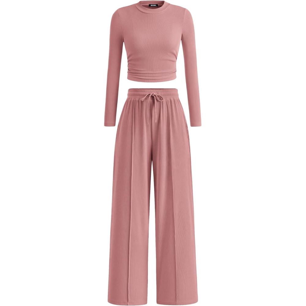 imageBTFBM Casual 2 Piece Sets For Women Fall Outfits 2025 Ribbed Spring Long Sleeve Crop Top Wide Leg Pants Matching Lounge SetPink