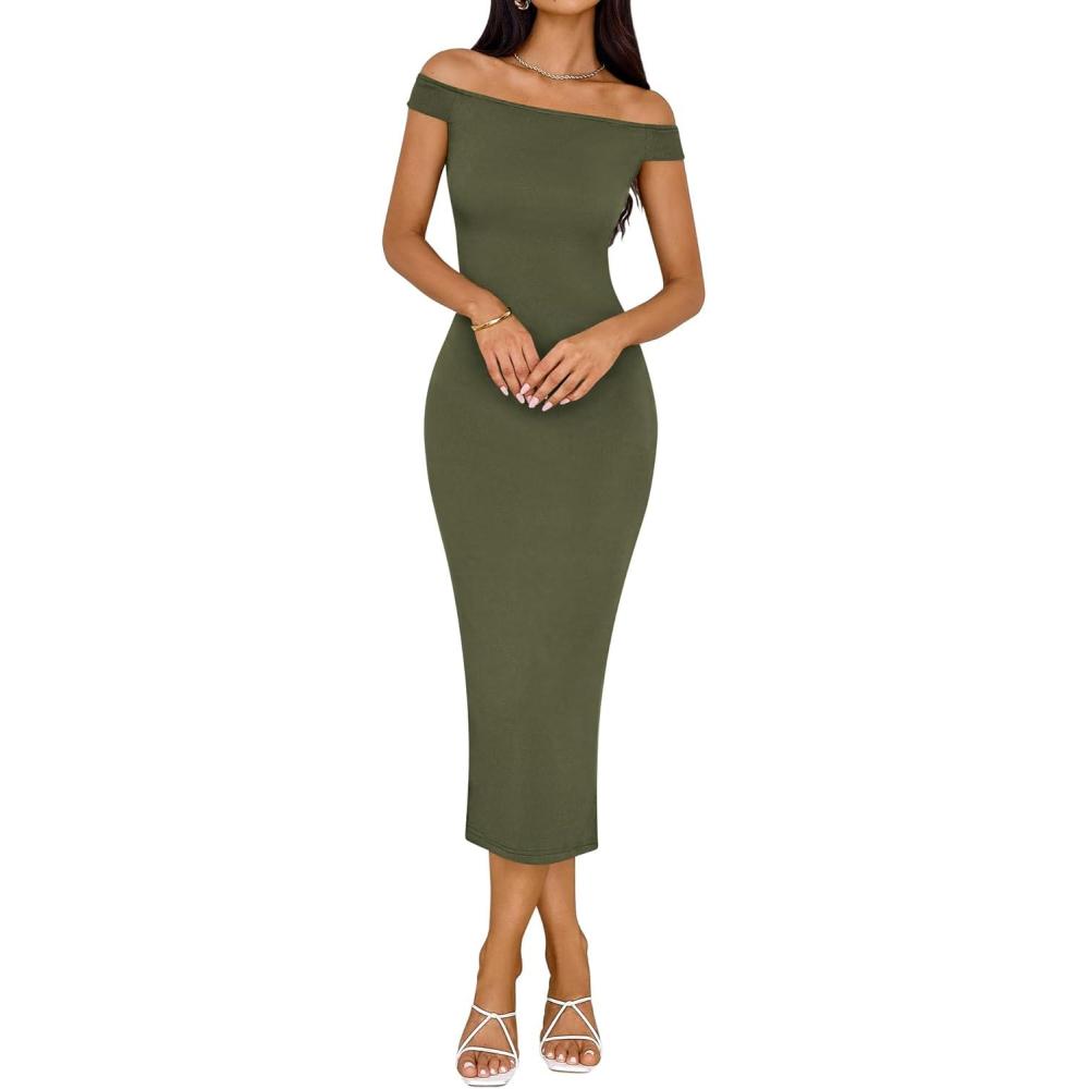 imageBTFBM Fall Dresses for Women 2025 Midi Off The Shoulder Sleeveless Split Knit Slim Fit Cocktail Party Semi Formal DressArmy Green