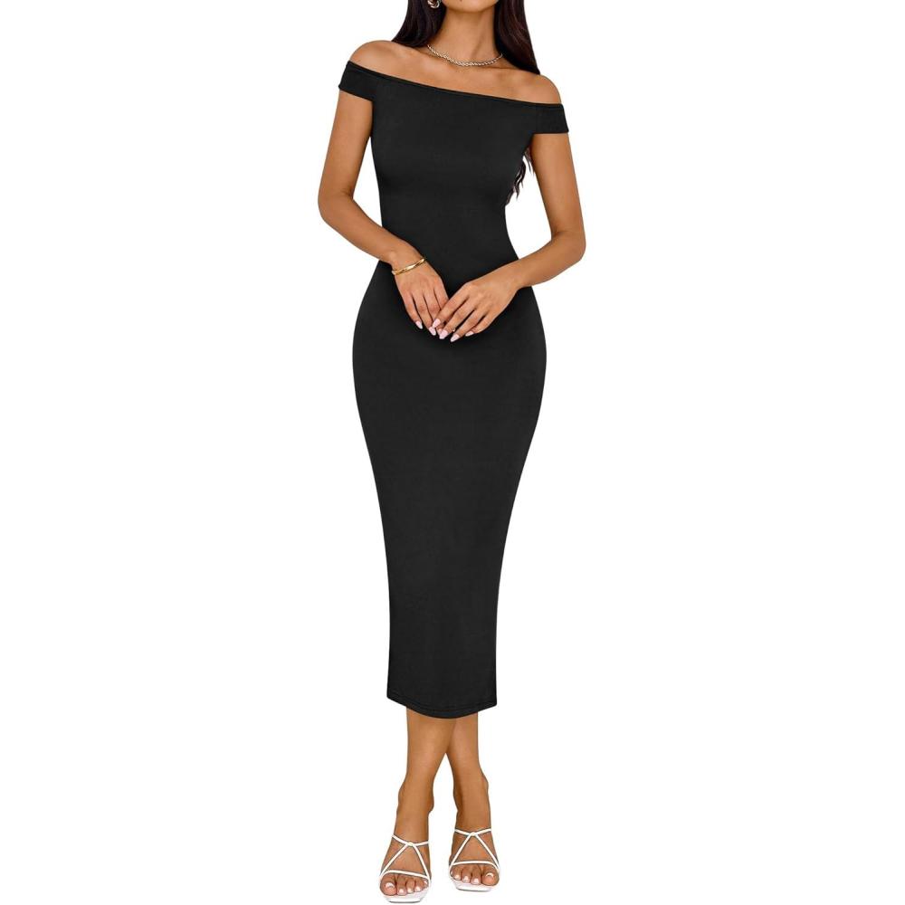imageBTFBM Fall Dresses for Women 2025 Midi Off The Shoulder Sleeveless Split Knit Slim Fit Cocktail Party Semi Formal DressBlack