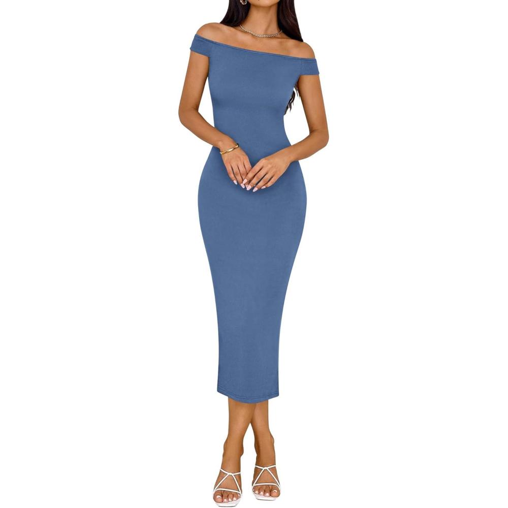 imageBTFBM Fall Dresses for Women 2025 Midi Off The Shoulder Sleeveless Split Knit Slim Fit Cocktail Party Semi Formal DressBlue