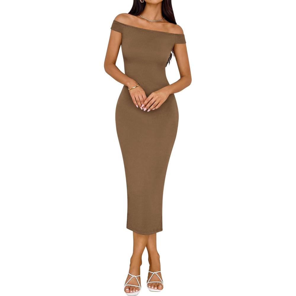 imageBTFBM Fall Dresses for Women 2025 Midi Off The Shoulder Sleeveless Split Knit Slim Fit Cocktail Party Semi Formal DressCamel