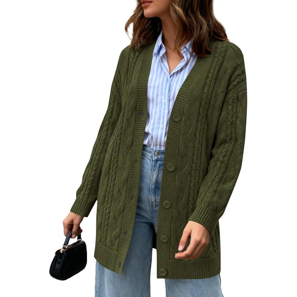 imageBTFBM Fall Fashion 2025 Chunky Cardigan Sweaters for Women Winter Open Front Cable Knit Button Long Cardigans OuterwearArmy Green