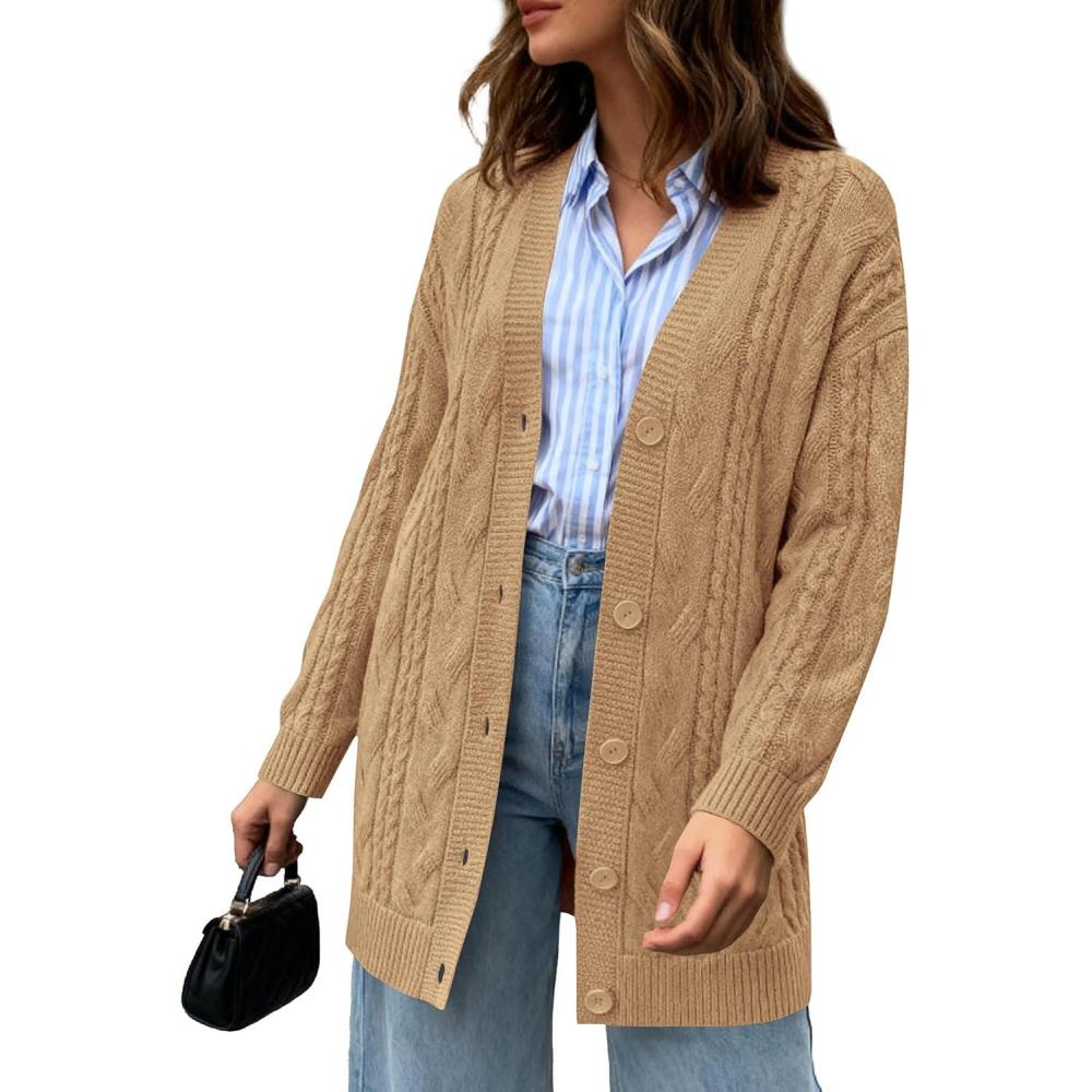 imageBTFBM Fall Fashion 2025 Chunky Cardigan Sweaters for Women Winter Open Front Cable Knit Button Long Cardigans OuterwearKhaki