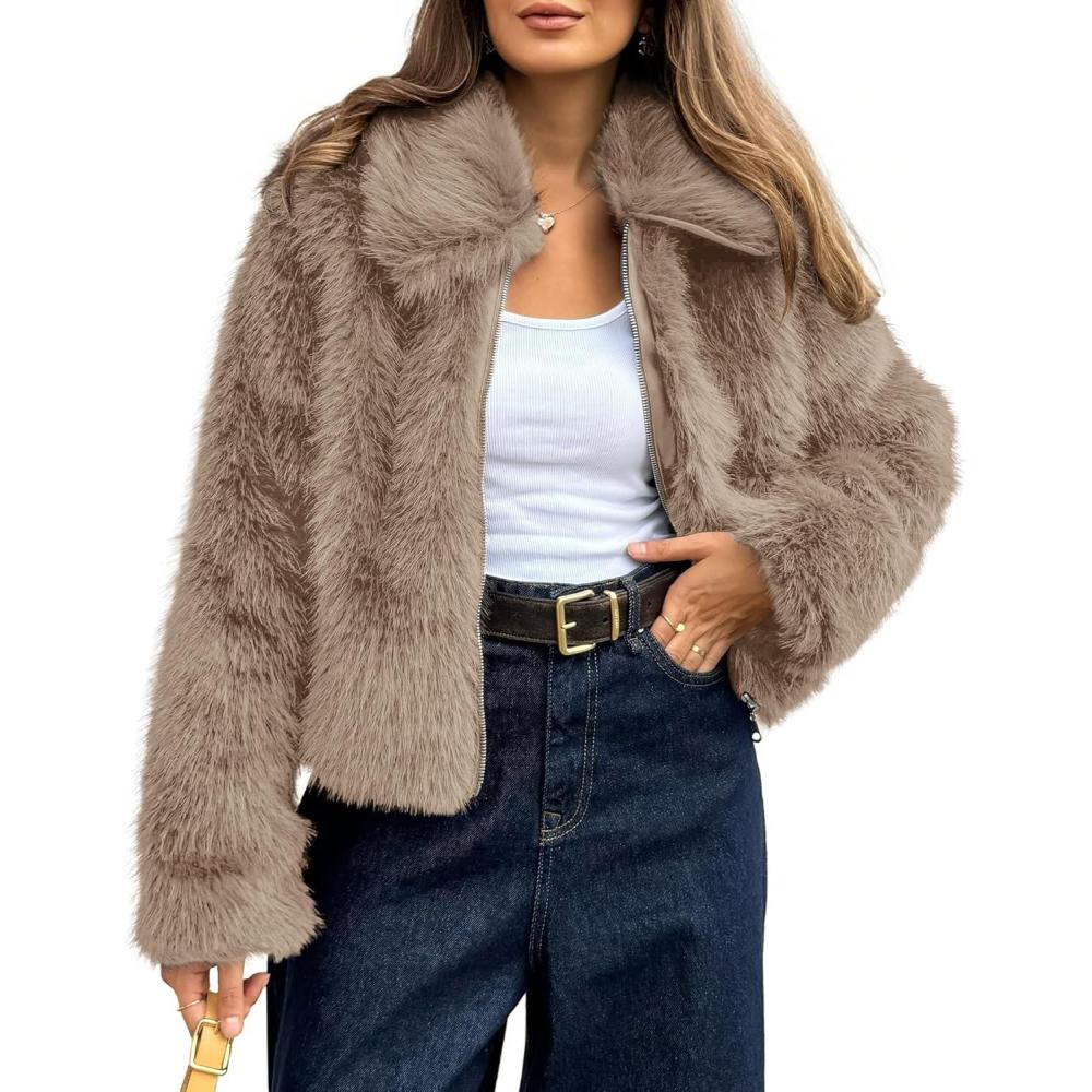 imageBTFBM Faux Fur Jacket Women Fluffy Winter Cropped Coats Zip Up Fuzzy Jackets Long Sleeve Furry Coat 2025 Fall ClothesKhaki