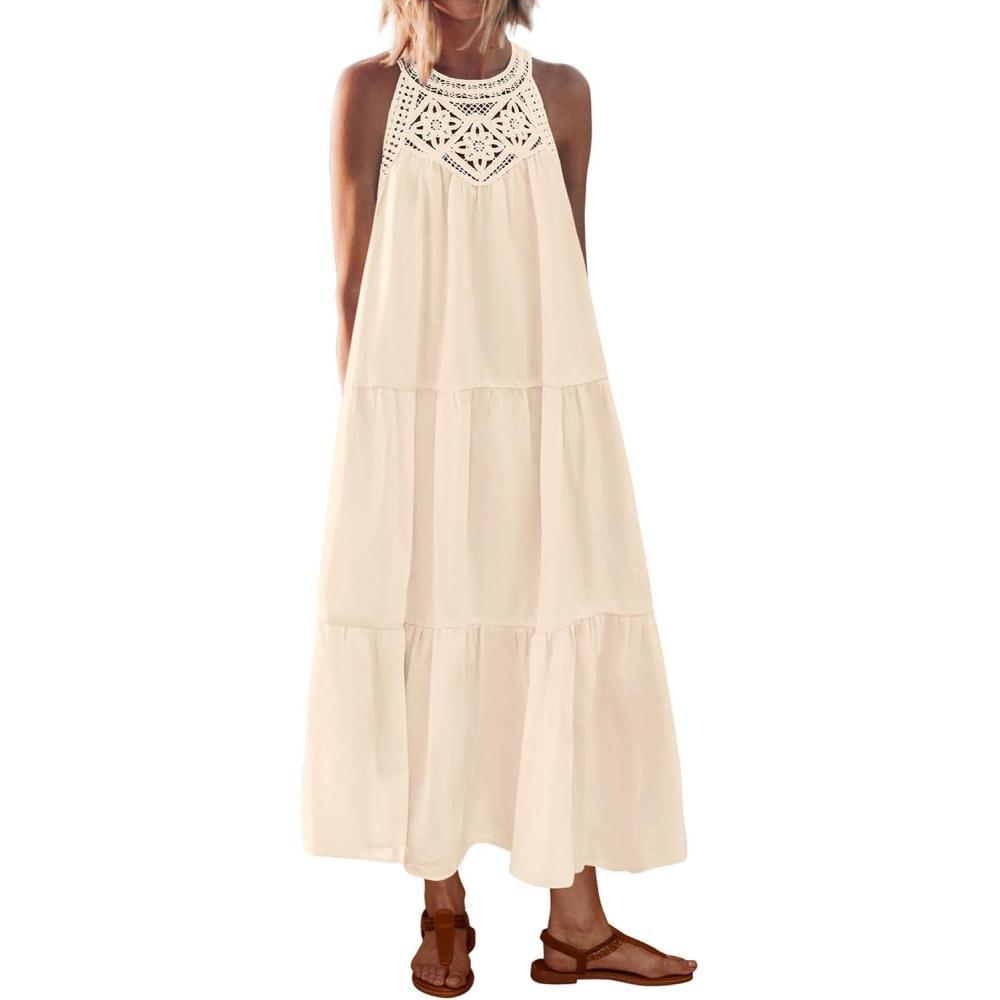 imageBTFBM Halter Summer Dresses for Women 2026 Casual Spring Hollow Out Sleeveless Boho Sundresses Beach Vacation Maxi DressApricot