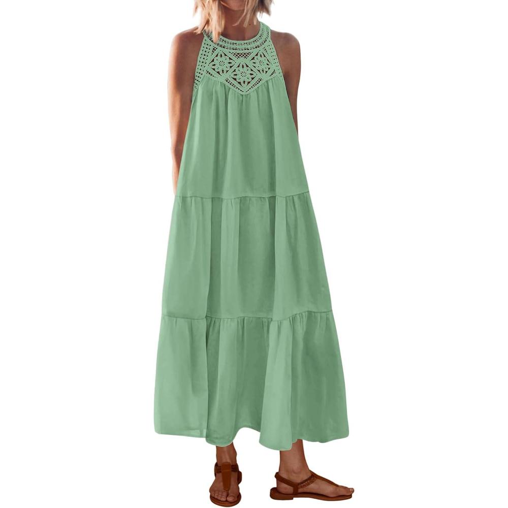 imageBTFBM Halter Summer Dresses for Women 2026 Casual Spring Hollow Out Sleeveless Boho Sundresses Beach Vacation Maxi DressBean Green