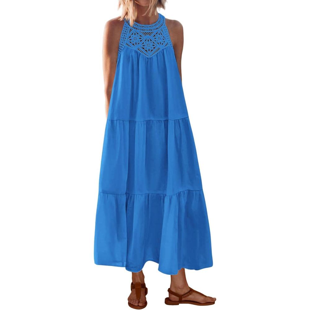 imageBTFBM Halter Summer Dresses for Women 2026 Casual Spring Hollow Out Sleeveless Boho Sundresses Beach Vacation Maxi DressBlue
