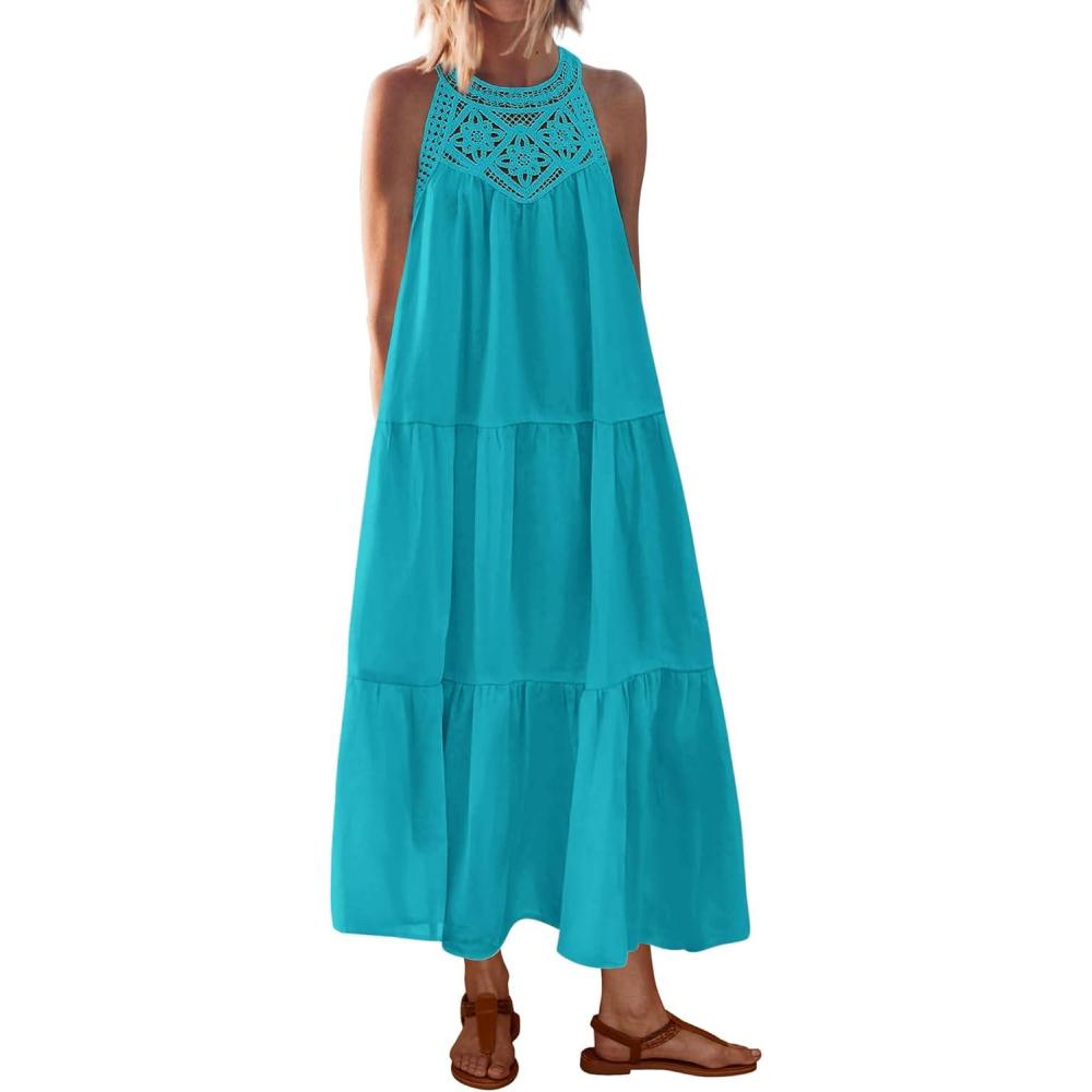 imageBTFBM Halter Summer Dresses for Women 2026 Casual Spring Hollow Out Sleeveless Boho Sundresses Beach Vacation Maxi DressBright Lake Blue