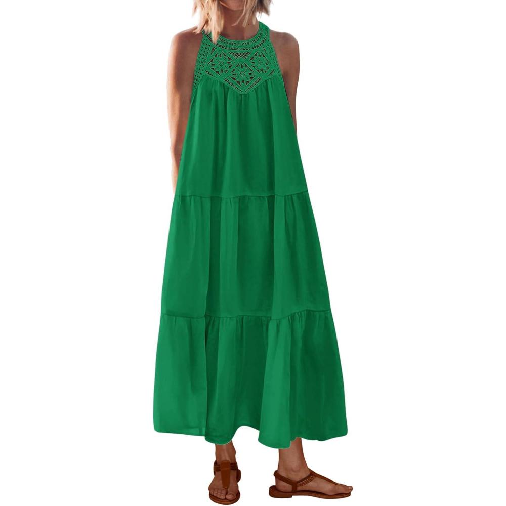 imageBTFBM Halter Summer Dresses for Women 2026 Casual Spring Hollow Out Sleeveless Boho Sundresses Beach Vacation Maxi DressGreen