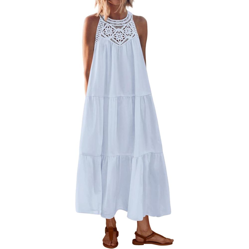 imageBTFBM Halter Summer Dresses for Women 2026 Casual Spring Hollow Out Sleeveless Boho Sundresses Beach Vacation Maxi DressLight Blue