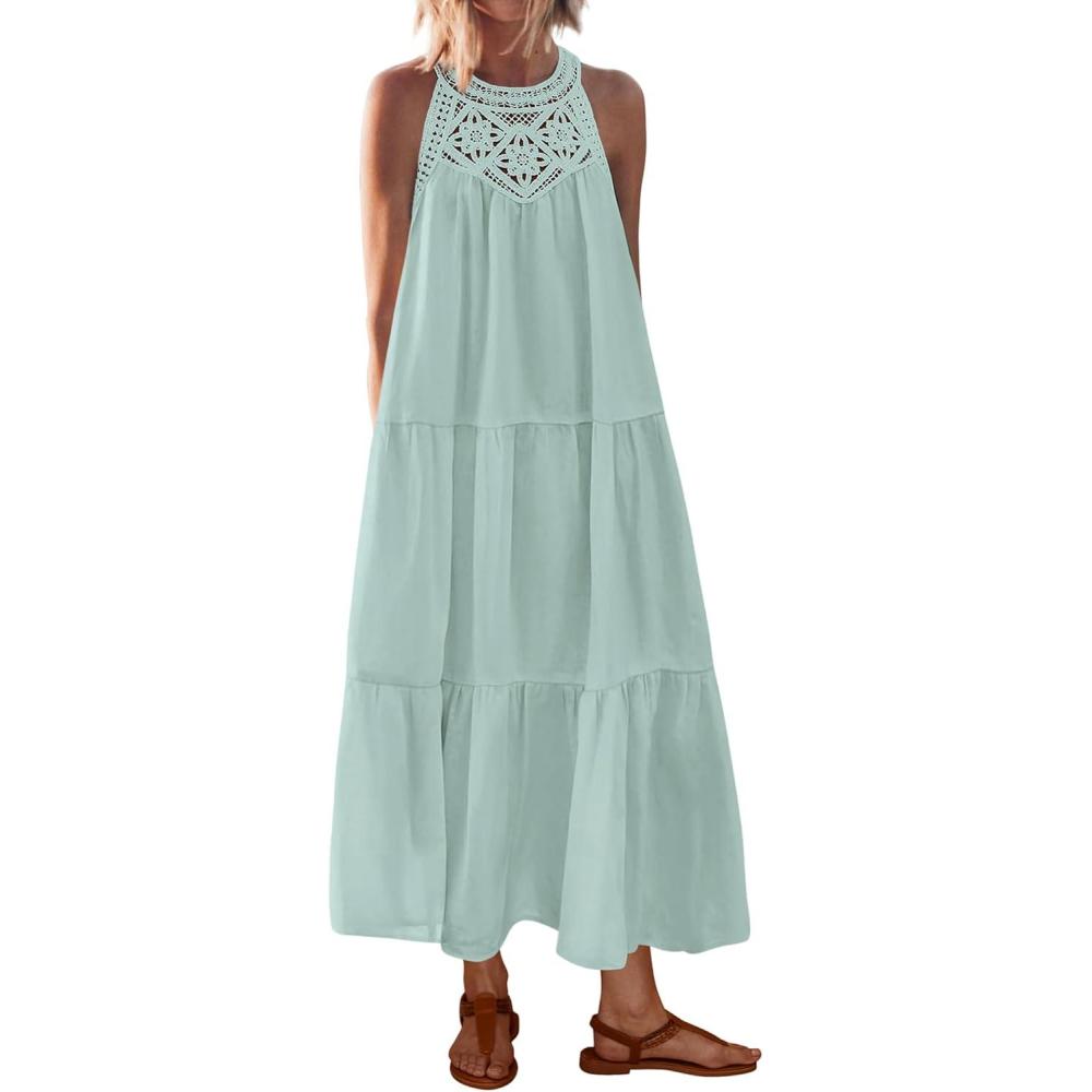 imageBTFBM Halter Summer Dresses for Women 2026 Casual Spring Hollow Out Sleeveless Boho Sundresses Beach Vacation Maxi DressMint Green