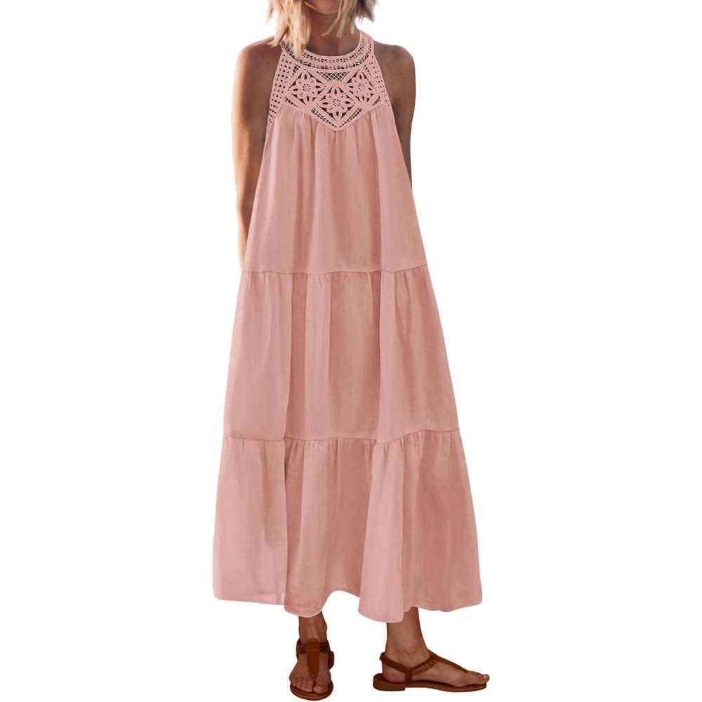 imageBTFBM Halter Summer Dresses for Women 2026 Casual Spring Hollow Out Sleeveless Boho Sundresses Beach Vacation Maxi DressPink