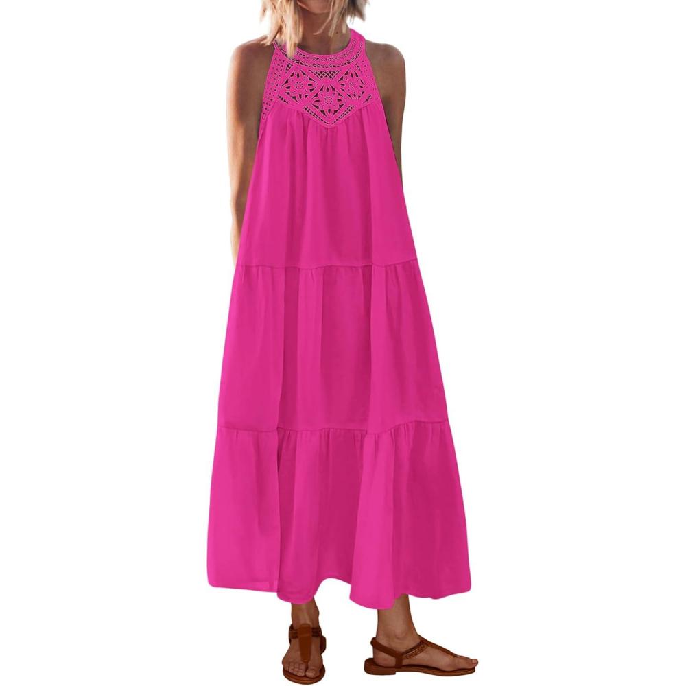 imageBTFBM Halter Summer Dresses for Women 2026 Casual Spring Hollow Out Sleeveless Boho Sundresses Beach Vacation Maxi DressRose Red