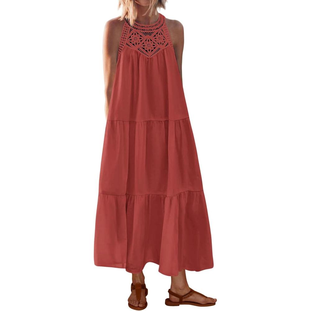 imageBTFBM Halter Summer Dresses for Women 2026 Casual Spring Hollow Out Sleeveless Boho Sundresses Beach Vacation Maxi DressRust Red