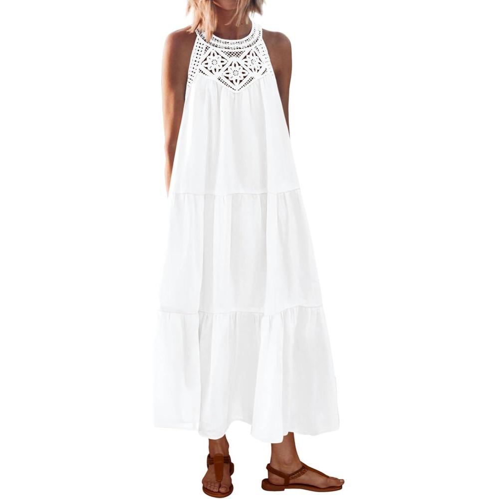 imageBTFBM Halter Summer Dresses for Women 2026 Casual Spring Hollow Out Sleeveless Boho Sundresses Beach Vacation Maxi DressWhite