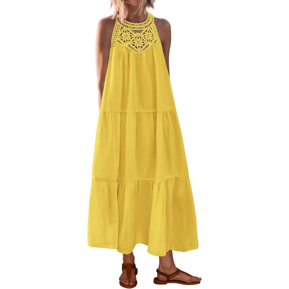 imageBTFBM Halter Summer Dresses for Women 2026 Casual Spring Hollow Out Sleeveless Boho Sundresses Beach Vacation Maxi DressYellow