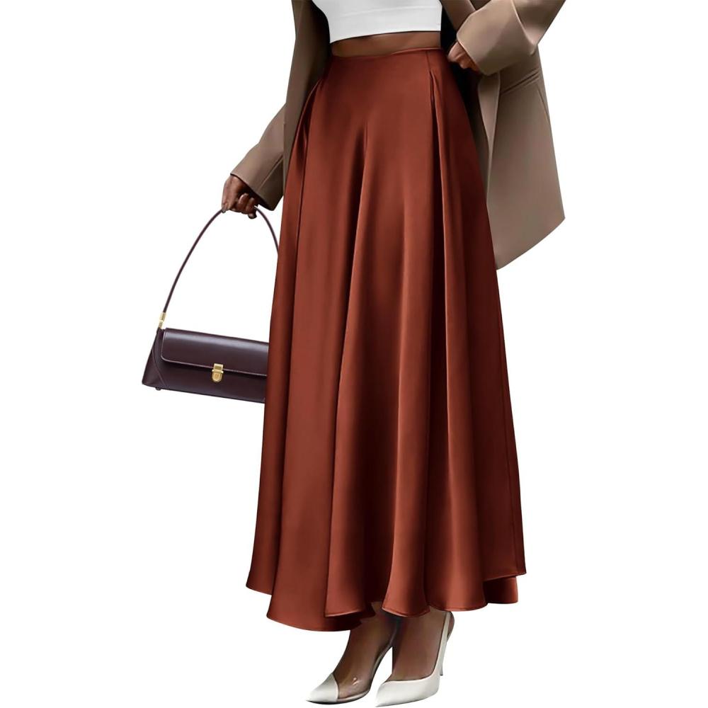 imageBTFBM High Waisted Skirts for Women Spring Clothes 2026 Elegant Satin Flowy ALine Cocktail Formal Night Out Maxi SkirtBrown