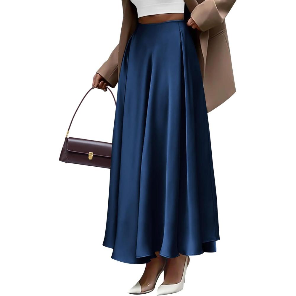 imageBTFBM High Waisted Skirts for Women Spring Clothes 2026 Elegant Satin Flowy ALine Cocktail Formal Night Out Maxi SkirtNavy