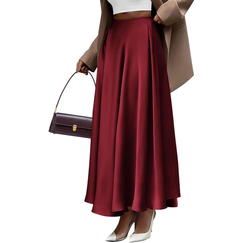 imageBTFBM High Waisted Skirts for Women Spring Clothes 2026 Elegant Satin Flowy ALine Cocktail Formal Night Out Maxi SkirtWine Red