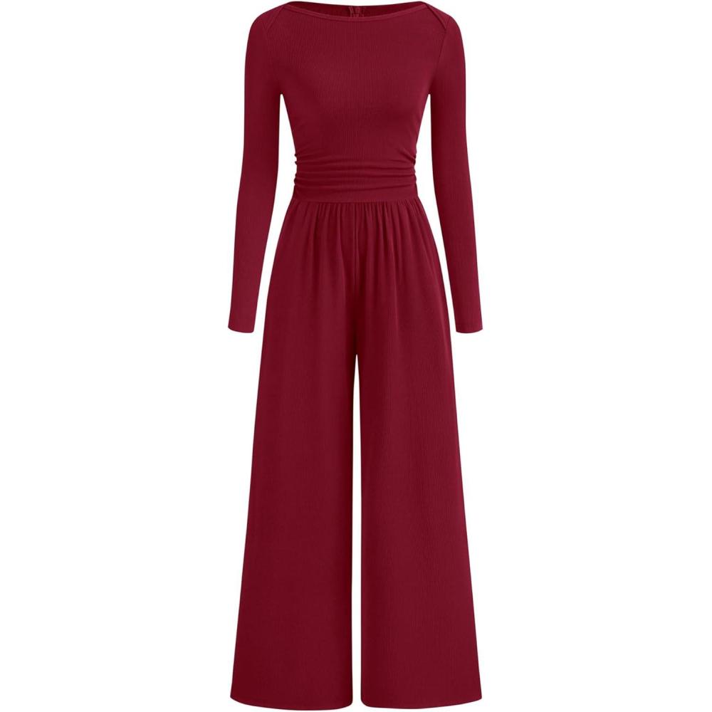 imageBTFBM Jumpsuits For Women One Piece Outfits Long Sleeve Stretchy Knit Wide Leg Pants Womens Jumpsuit Fall Clothes 2025Dark Red