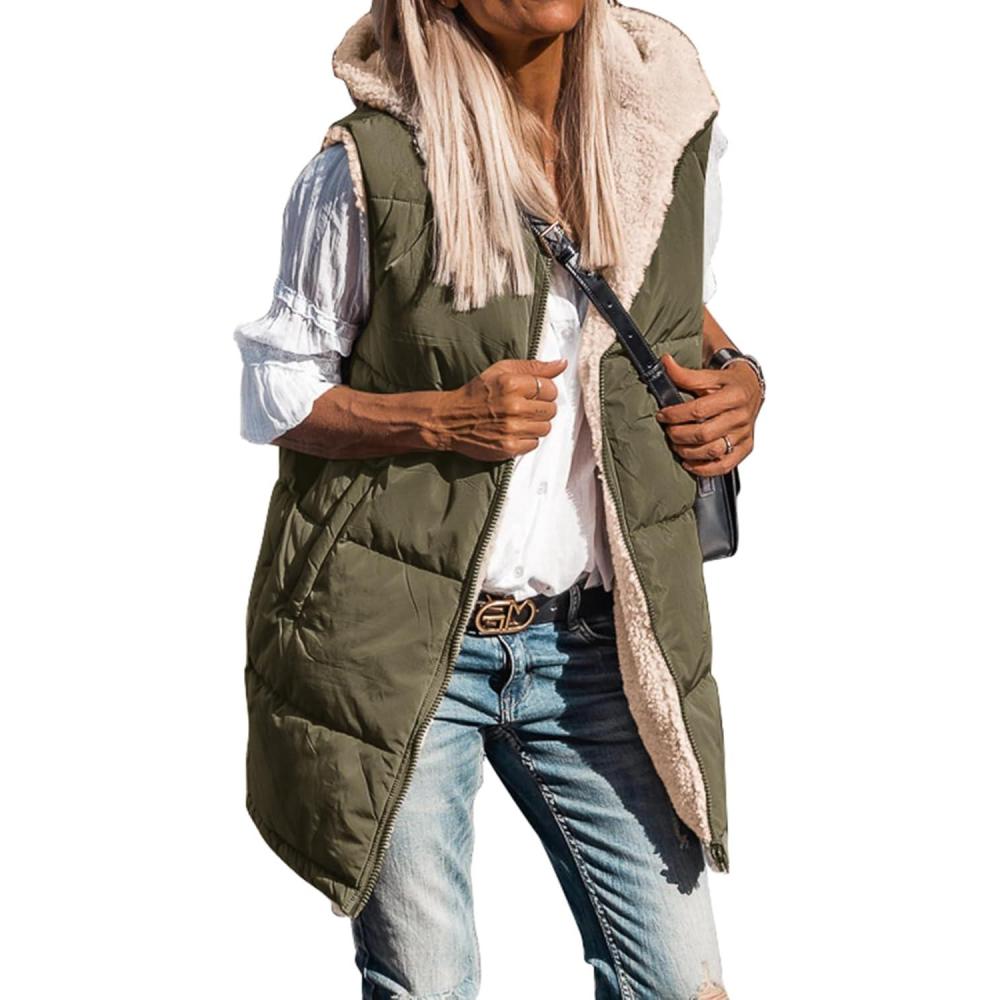 imageBTFBM Long Puffer Vest Women Fleece Sherpa Jacket Sleeveless Hooded Reversible Zip Up Winter Coat Fall Vests OuterwearArmy Green