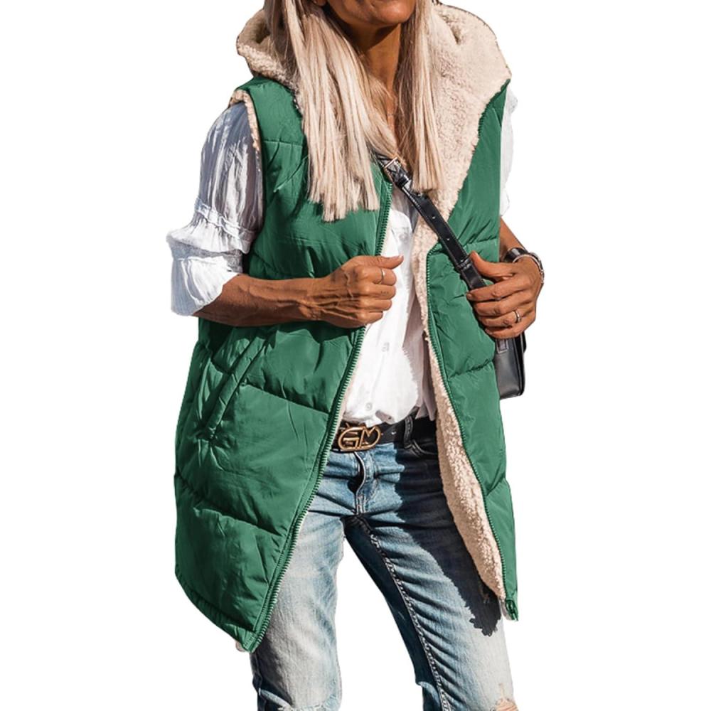 imageBTFBM Long Puffer Vest Women Fleece Sherpa Jacket Sleeveless Hooded Reversible Zip Up Winter Coat Fall Vests OuterwearDark Green