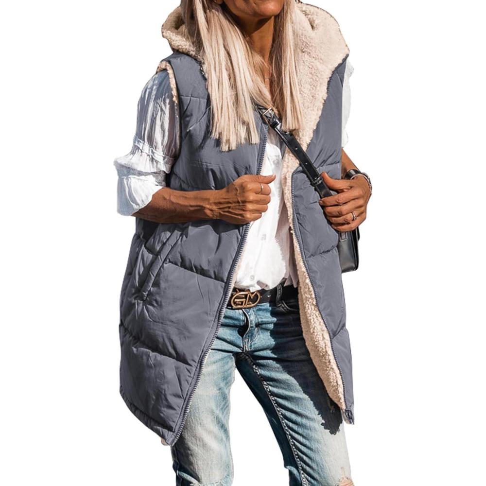 imageBTFBM Long Puffer Vest Women Fleece Sherpa Jacket Sleeveless Hooded Reversible Zip Up Winter Coat Fall Vests OuterwearGrey Blue