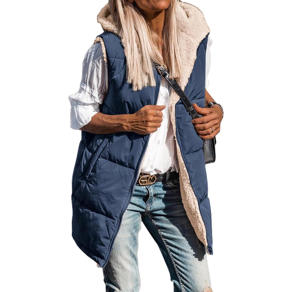 imageBTFBM Long Puffer Vest Women Fleece Sherpa Jacket Sleeveless Hooded Reversible Zip Up Winter Coat Fall Vests OuterwearNavy