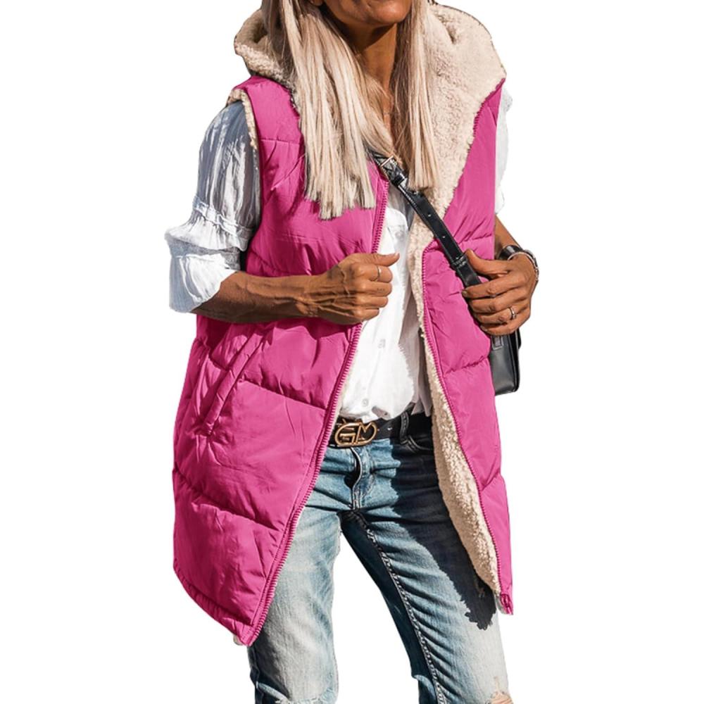 imageBTFBM Long Puffer Vest Women Fleece Sherpa Jacket Sleeveless Hooded Reversible Zip Up Winter Coat Fall Vests OuterwearRose Red