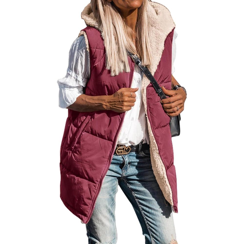 imageBTFBM Long Puffer Vest Women Fleece Sherpa Jacket Sleeveless Hooded Reversible Zip Up Winter Coat Fall Vests OuterwearWine Red