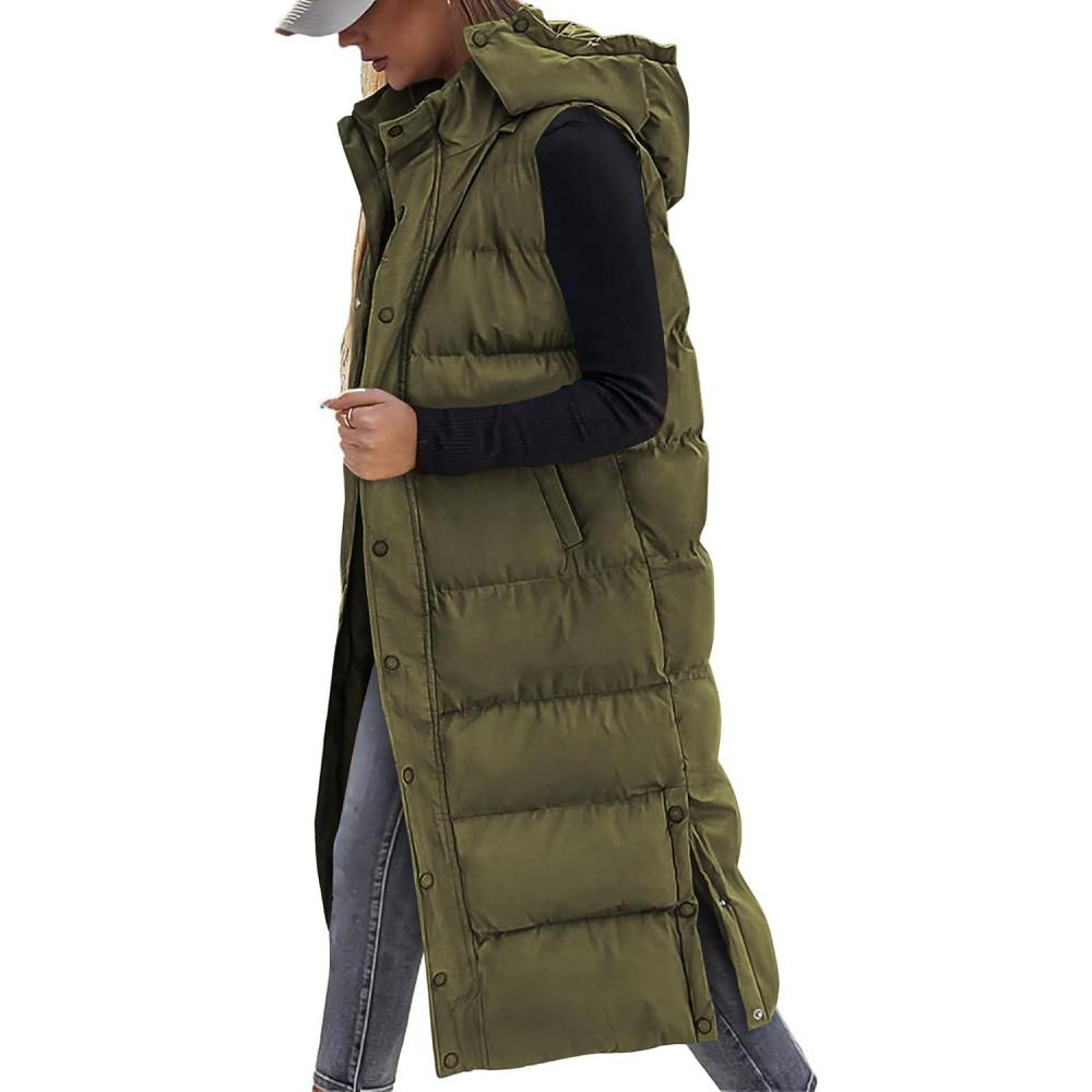 imageBTFBM Long Puffer Vest Women Quilted Hooded Button Down Zip Up Sleeveless Vests Outerwear Padded Jacket Fall Winter CoatArmy Green