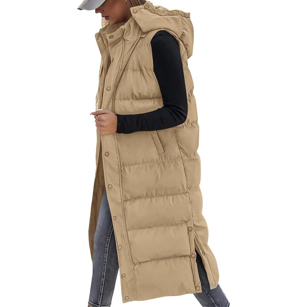 imageBTFBM Long Puffer Vest Women Quilted Hooded Button Down Zip Up Sleeveless Vests Outerwear Padded Jacket Fall Winter CoatKhaki