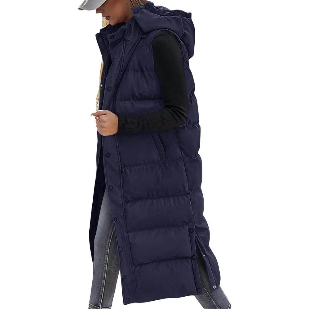 imageBTFBM Long Puffer Vest Women Quilted Hooded Button Down Zip Up Sleeveless Vests Outerwear Padded Jacket Fall Winter CoatNavy