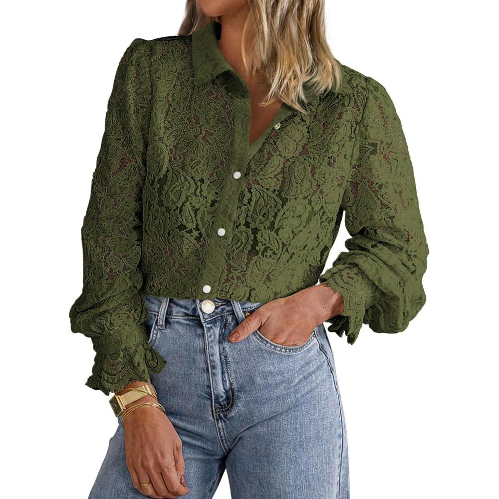 imageBTFBM Long Sleeve Lace Blouses for Women 2025 Spring Dressy Casual Button Down Shirts Date Night Outfit Club Party TopsArmy Green