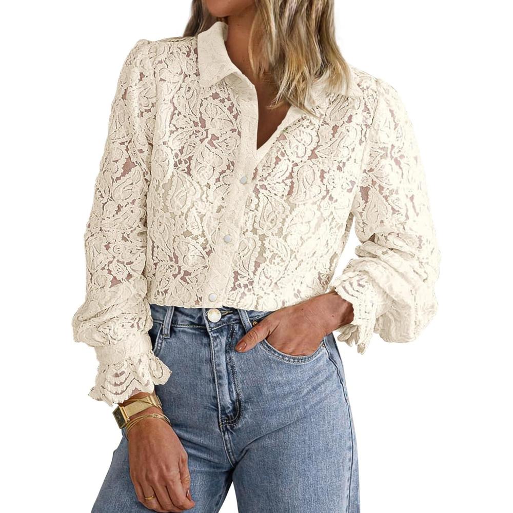 imageBTFBM Long Sleeve Lace Blouses for Women 2025 Spring Dressy Casual Button Down Shirts Date Night Outfit Club Party TopsBeige