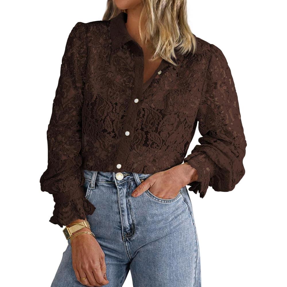 imageBTFBM Long Sleeve Lace Blouses for Women 2025 Spring Dressy Casual Button Down Shirts Date Night Outfit Club Party TopsCoffee