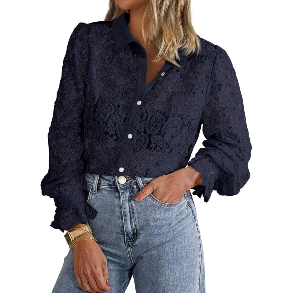 imageBTFBM Long Sleeve Lace Blouses for Women 2025 Spring Dressy Casual Button Down Shirts Date Night Outfit Club Party TopsNavy